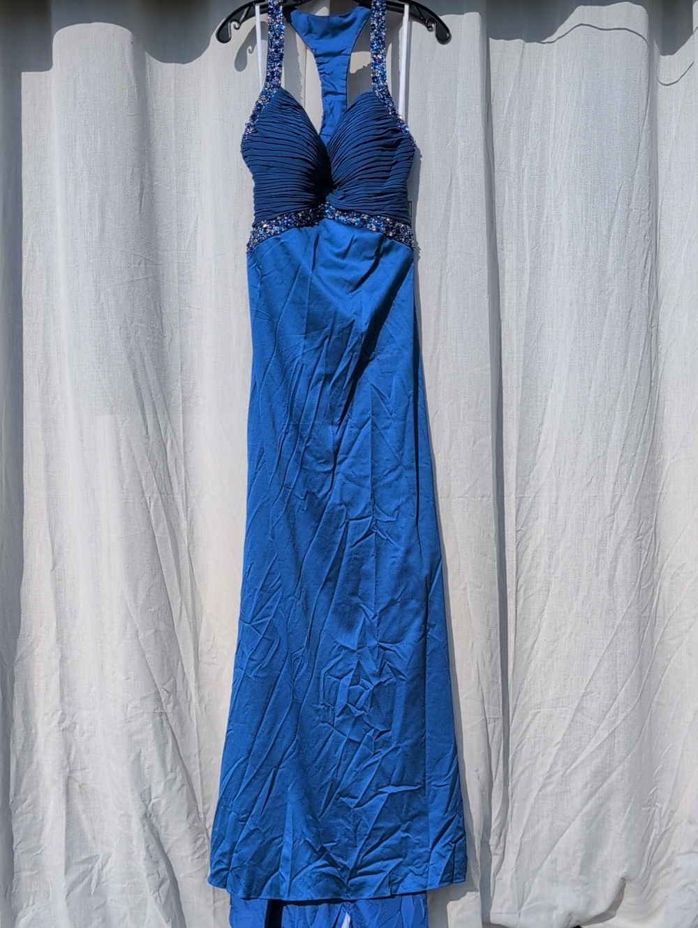 Royal Blue Beaded Halter Prom Dress